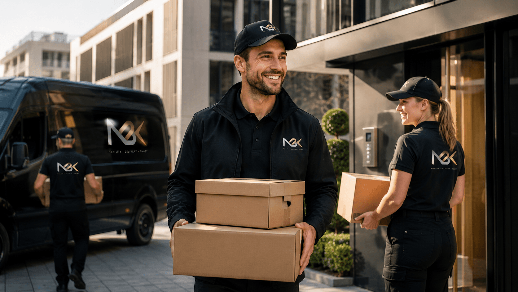 Kurierfahrer von MBK Service GmbH übergibt eine eilige Sendung in Berlin